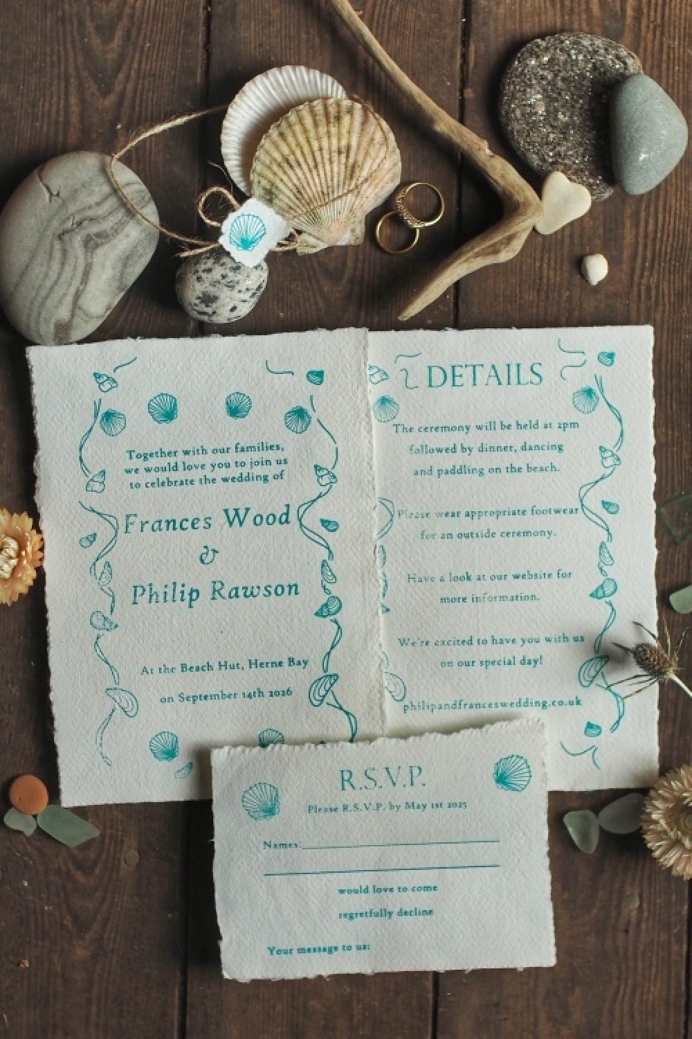 letterpress handprinted wedding invitation suite seaside shell theme